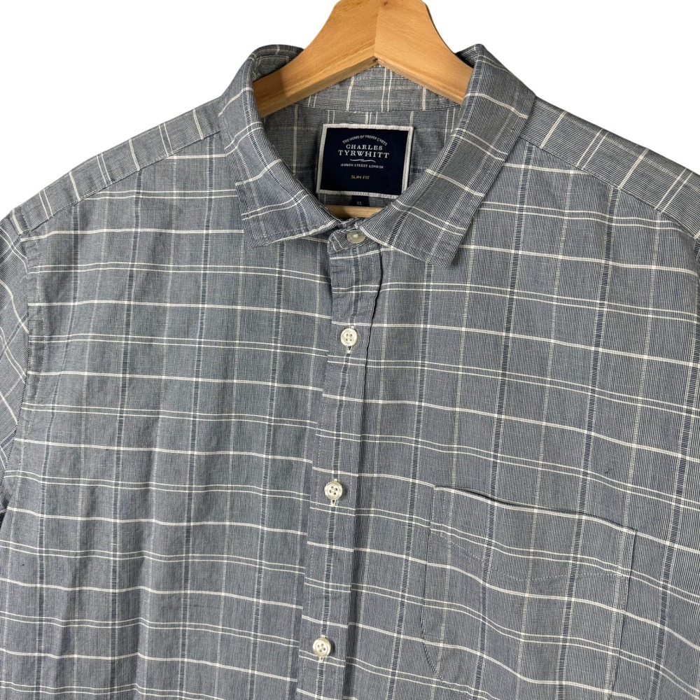 Charles Tyrwhitt Slim Fit Blue Grid Cotton Linen Short Sleeve Shirt Size XL